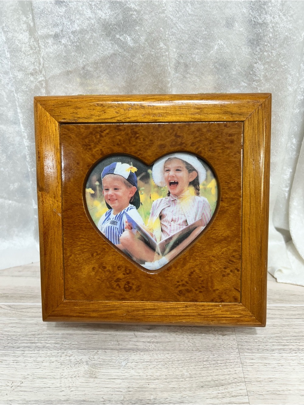Mele Wooden Jewelry Box Heart Photo Frame Mirror Red Velvet Lined 7x7